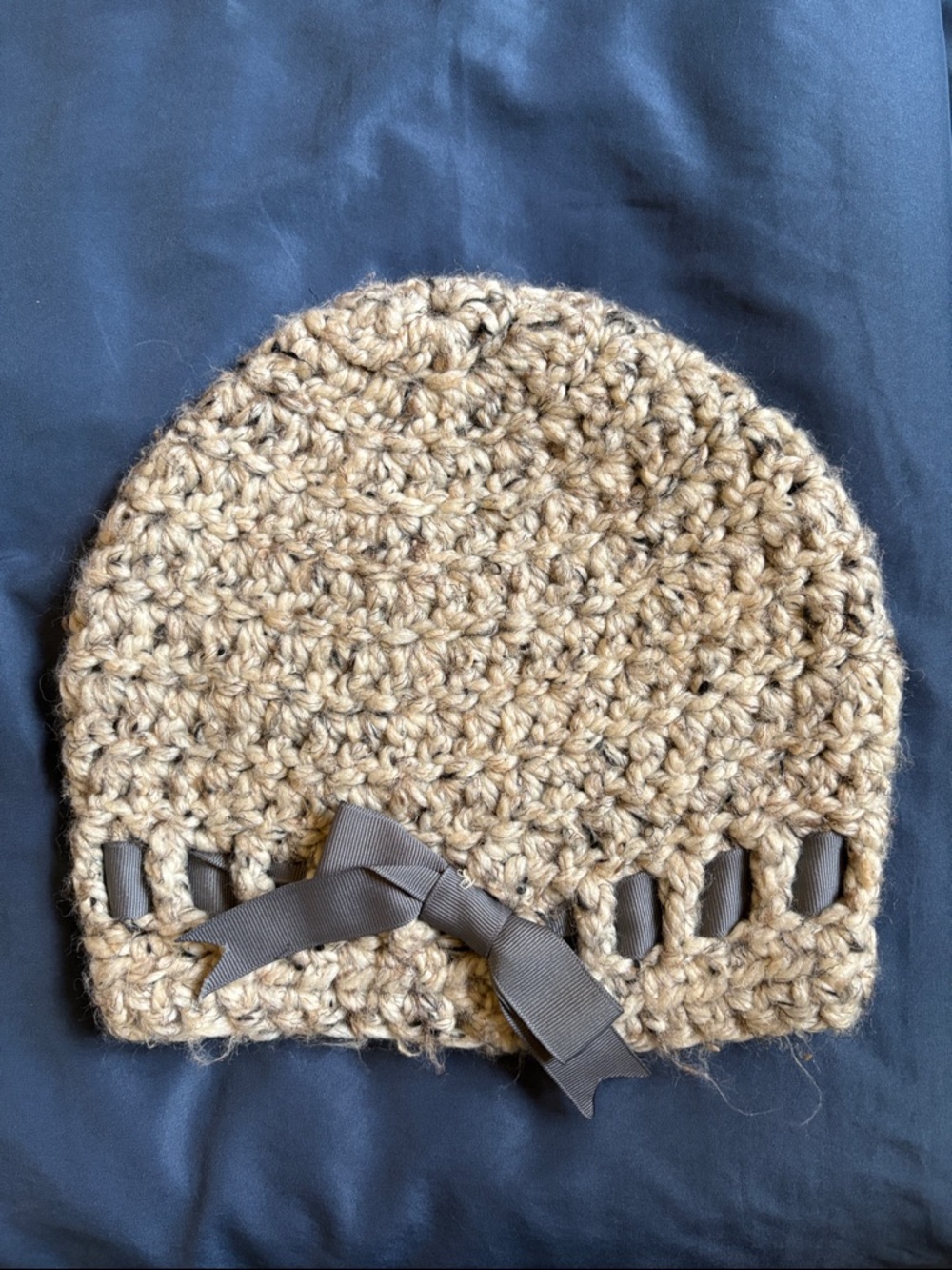 Handmade Chunky Crochet Beanie with Ribbon Detail - Tan, grey oatmeal color